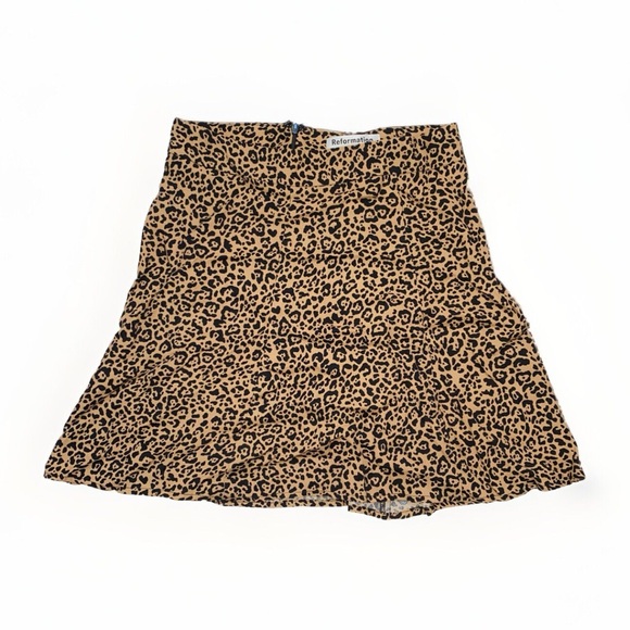 REFORMATION BROWN BLACK BENGAL FLOUNCE LEOPARD PRINT CREPE MINI SKIRT - Picture 1 of 7